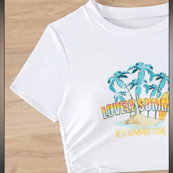 SHEIN Slogan Graphic Drawstring Side Bikini Swimsuit.  2 piece yellow and white - Picture 2 of 7